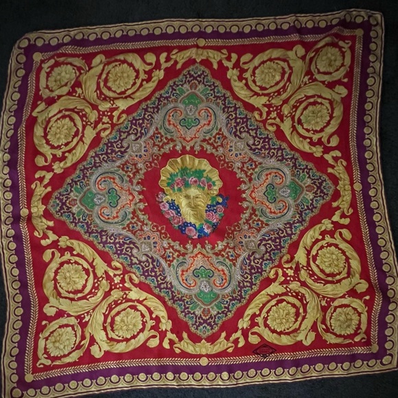 Versace 100% Silk Scarf. Hand Rolled. Multicolor. Made in Italy. 35”. - Picture 1 of 16